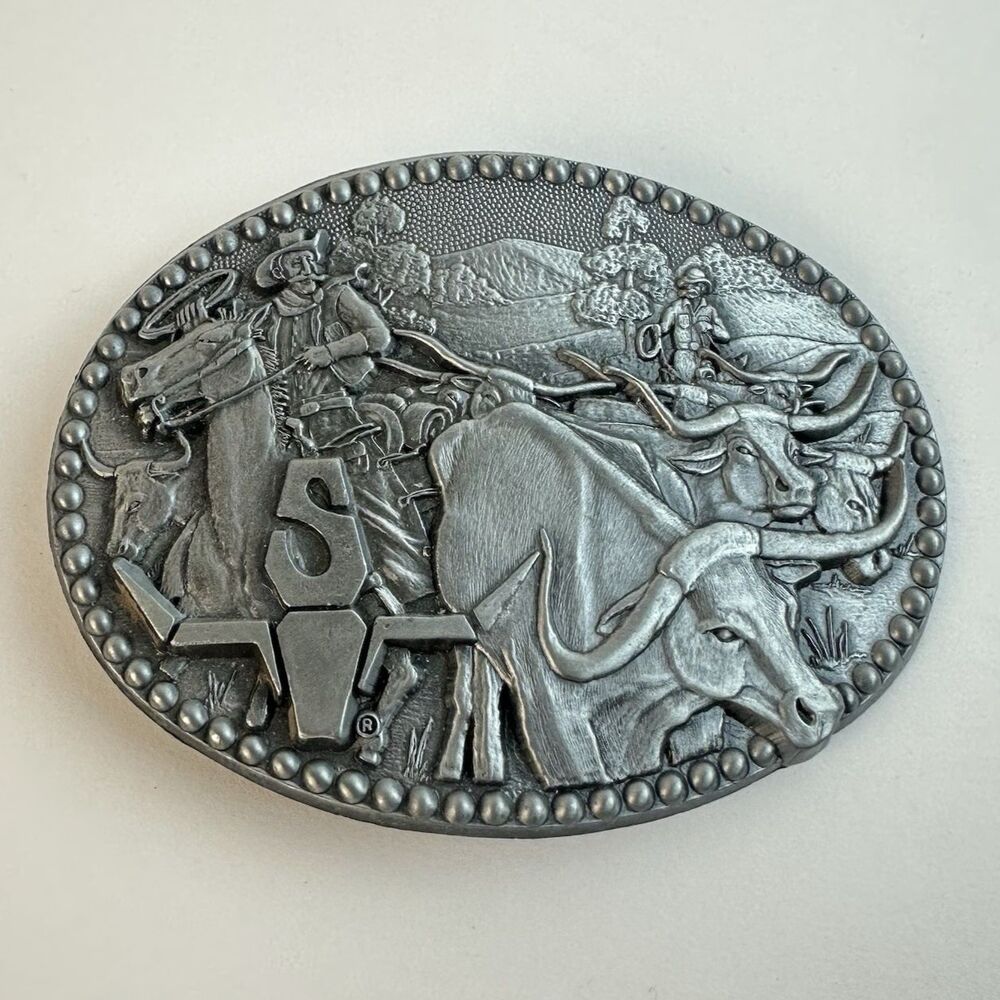 Vintage Western Cattle Drive Belt Buckle ZEE Series USA Noble OK Rodeo Longhorns